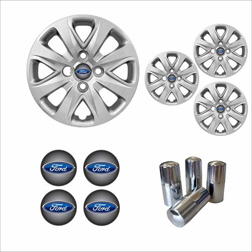 Jogo Calota Aro 14 Ka Hatch Sedan 2015 à 2018 Ford + Emblema Resinado + Tampa Ventil Cromada