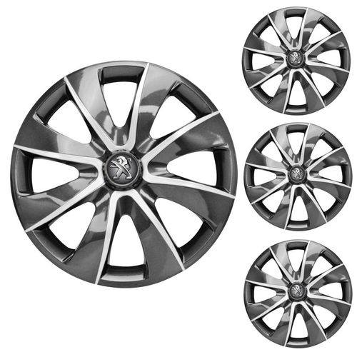 Jogo Calota Aro 13 Prime Graphite Silver Universal + Emblema Resinado Peugeot