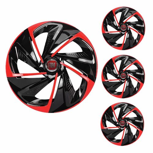 Jogo Calota Aro 13 Nitro Black Red Universal + Emblema Resinado Fiat
