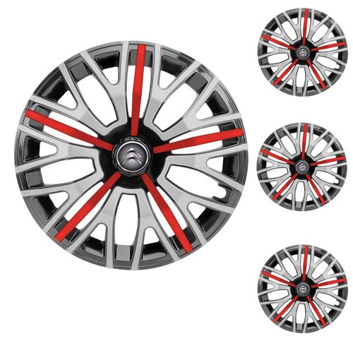 Jogo Calota Aro 13 Triton Sport Black Silver Red Universal + Emblema Resinado Citroen