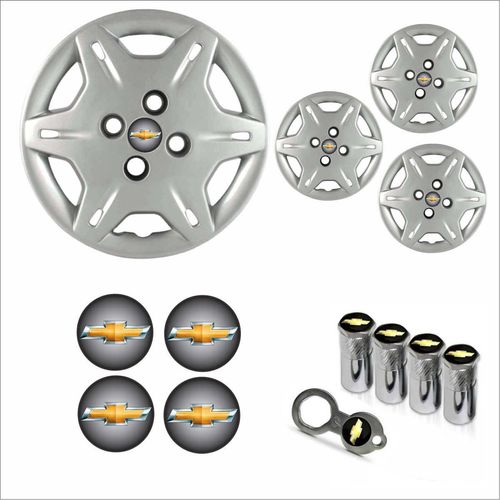 Jogo Calota Aro 13 Corsa Wind 2000 Chevrolet GM + Emblema Resinado + Tampa Ventil Antifurto