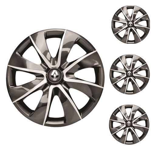 Jogo Calota Aro 13 Prime Graphite Silver Universal + Emblema Resinado Renault