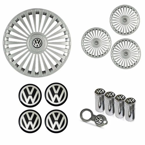 Jogo Calota Aro 15 Europa Premium Volkswagen + Emblema Resinado + Tampa Ventil Antifurto