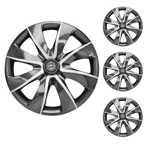 Jogo Calota Aro 14 Prime Graphite Silver Universal + Emblema Resinado Citroen