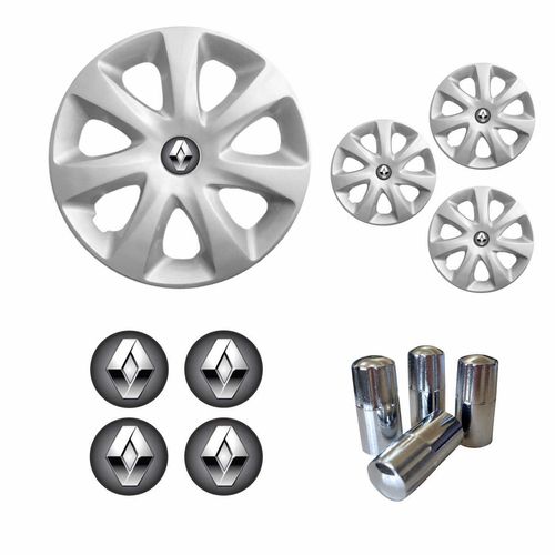 Jogo Calota Aro 13 Clio 2014 2015 Renault + Emblema Resinado + Tampa Ventil Cromada