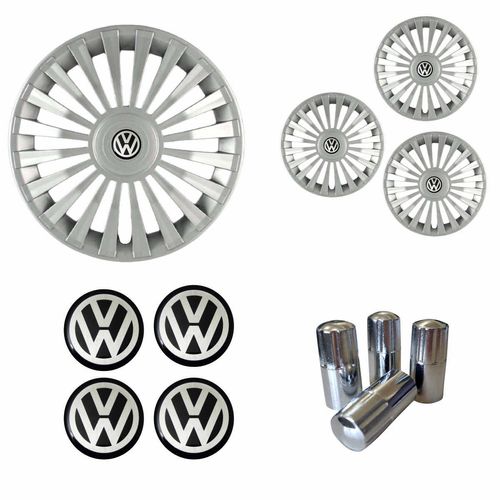 Jogo Calota Aro 13 Europa Premium Volkswagen + Emblema Resinado + Tampa Ventil Cromada