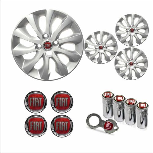 Jogo Calota Aro 15 Idea 2014 à 2016 Fiat + Emblema Resinado + Tampa Ventil Antifurto