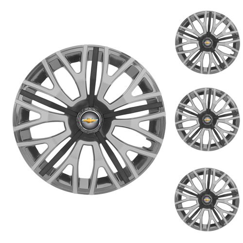 Jogo Calota Aro 13 Triton Sport Graphite Silver Black Universal + Emblema Resinado Chevrolet GM
