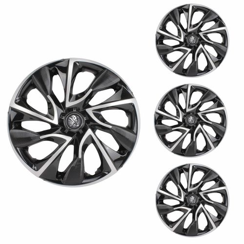 Jogo Calota Aro 15 DS4 Black Silver Universal + Emblema Resinado Peugeot