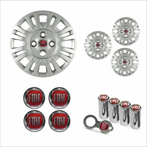Jogo Calota Aro 13 Uno Fire 2004 2005 Fiat + Emblema Resinado + Tampa Ventil Antifurto