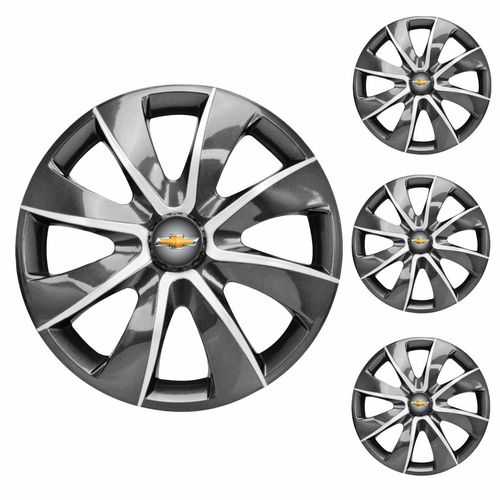 Jogo Calota Aro 14 Prime Graphite Silver Universal + Emblema Resinado Chevrolet GM