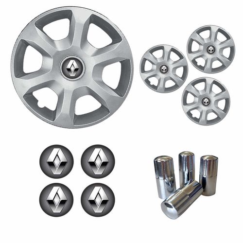 Jogo Calota Aro 15 Sandero Megane Logan 2014 2015 Renault + Emblema Resinado + Tampa Ventil Cromada