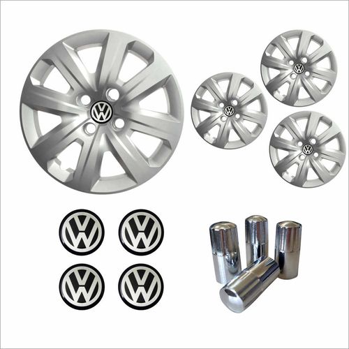 Jogo Calota Aro 14 Saveiro 2014 à 2016 Volkswagen + Emblema Resinado + Tampa Ventil Cromada