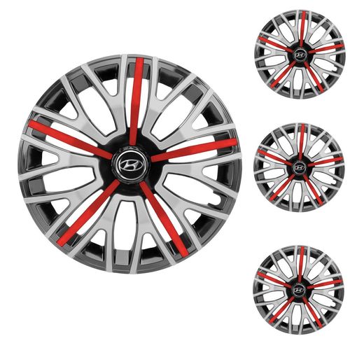 Jogo Calota Aro 13 Triton Sport Black Silver Red Universal + Emblema Resinado Hyundai