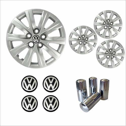 Jogo Calota Aro 14 Fox Polo 2012 2013 Volkswagen + Emblema Resinado + Tampa Ventil Cromada