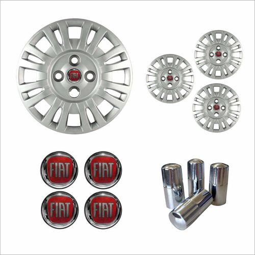 Jogo Calota Aro 13 Uno Fire 2004 2005 Fiat + Emblema Resinado + Tampa Ventil Cromada