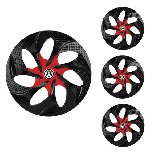 Jogo Calota Aro 14 Evolution Black Red Universal + Emblema Resinado Volkswagen