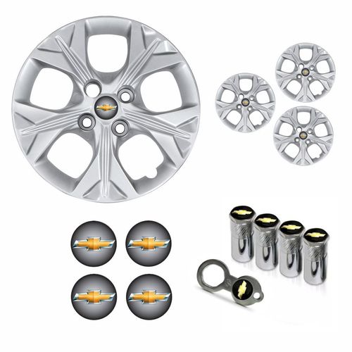 Jogo Calota Aro 14 Onix Prisma 2021 Chevrolet GM + Emblema Resinado + Tampa Ventil Antifurto