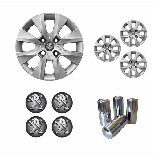 Jogo Calota Aro 14 206 207 208 2015 2016 Peugeot + Emblema Resinado + Tampa Ventil Cromada