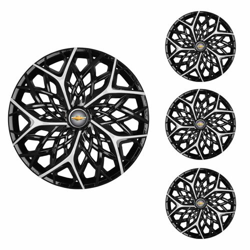 Jogo Calota Aro 14 Moove Black Silver Universal + Emblema Resinado Chevrolet GM