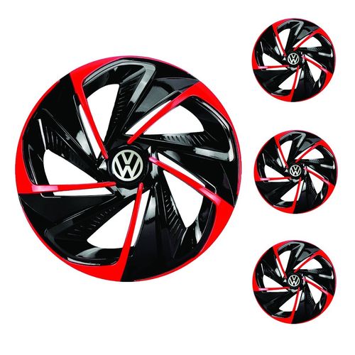 Jogo Calota Aro 14 Nitro Black Red Universal + Emblema Resinado Volkswagen