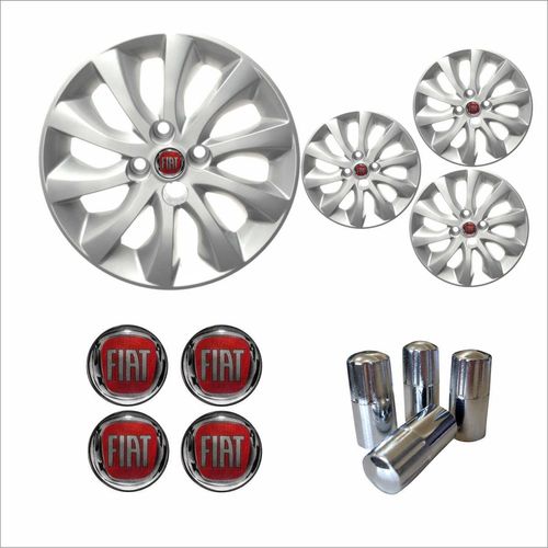 Jogo Calota Aro 15 Idea 2014 à 2016 Fiat + Emblema Resinado + Tampa Ventil Cromada