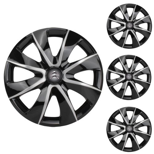 Jogo Calota Aro 14 Prime Black Silver Universal + Emblema Resinado Citroen