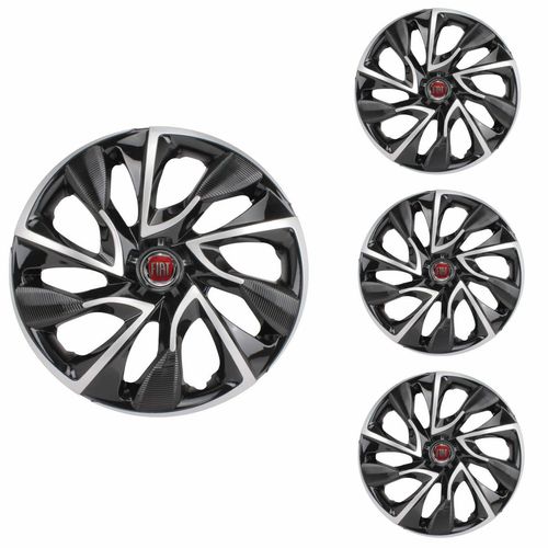 Jogo Calota Aro 14 DS4 Black Silver Universal + Emblema Resinado Fiat