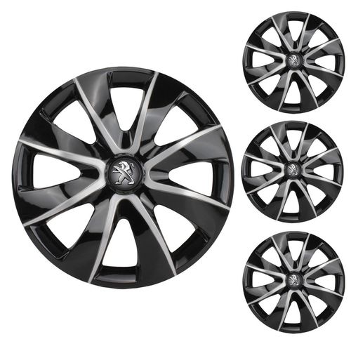 Jogo Calota Aro 14 Prime Black Silver Universal + Emblema Resinado Peugeot