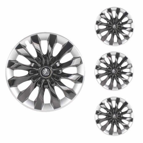Jogo Calota Aro 13 Flap Black Silver Universal + Emblema Resinado Peugeot