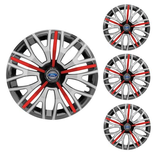 Jogo Calota Aro 13 Triton Sport Black Silver Red Universal + Emblema Resinado Ford