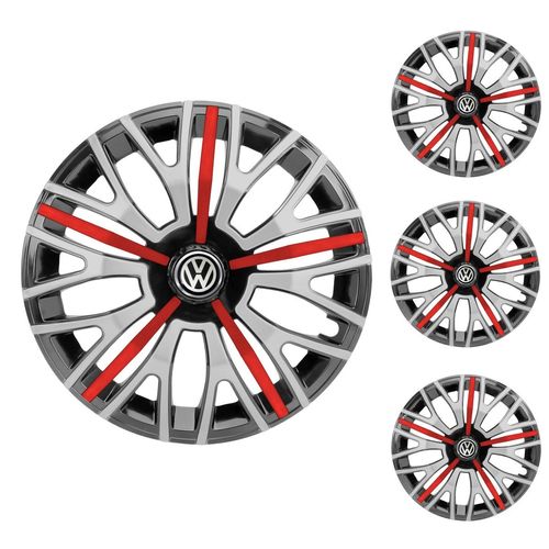 Jogo Calota Aro 14 Triton Sport Black Silver Red Universal + Emblema Resinado Volkswagen