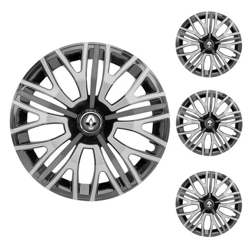 Jogo Calota Aro 13 Triton Sport Black Silver Graphite Universal + Emblema Resinado Renault