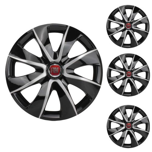 Jogo Calota Aro 14 Prime Black Silver Universal + Emblema Resinado Fiat
