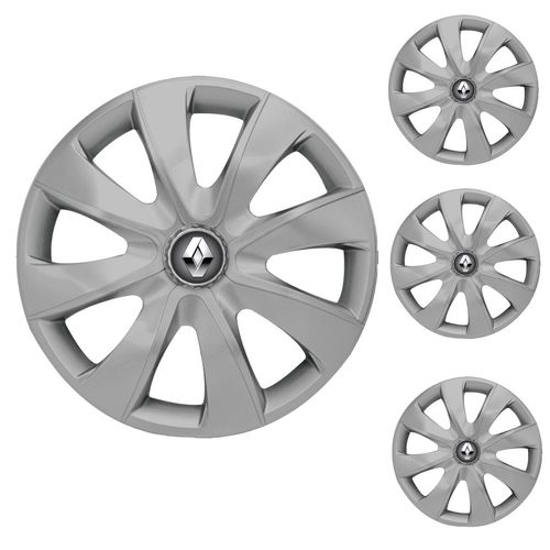 Jogo Calota Aro 13 Prime Silver Universal + Emblema Resinado Renault