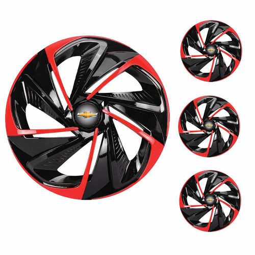 Jogo Calota Aro 13 Nitro Black Red Universal + Emblema Resinado Chevrolet GM