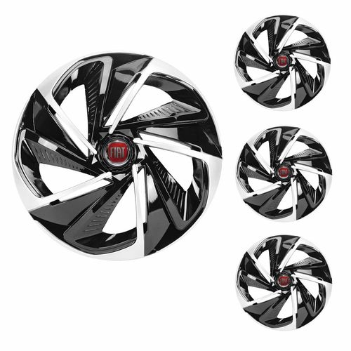 Jogo Calota Aro 13 Nitro Black Silver Universal + Emblema Resinado Fiat
