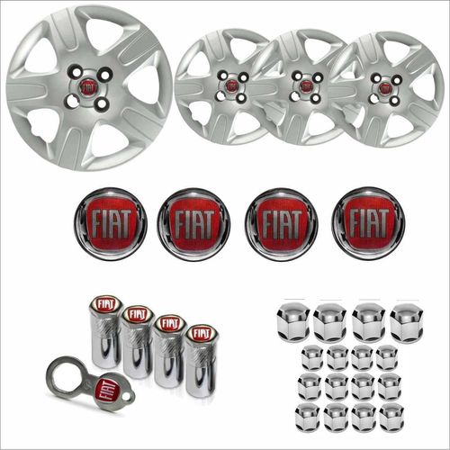 Jogo Calota Aro 14 Strada 2013 à 2020 Fiat + Emblema Resinado + Tampa Ventil + Capa Parafuso