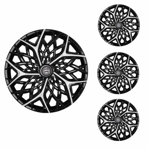 Jogo Calota Aro 13 Moove Black Silver Universal + Emblema Resinado Citroen