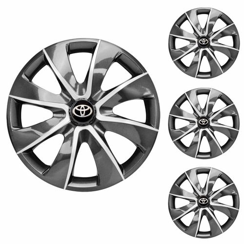 Jogo Calota Aro 14 Prime Graphite Silver Universal + Emblema Resinado Toyota