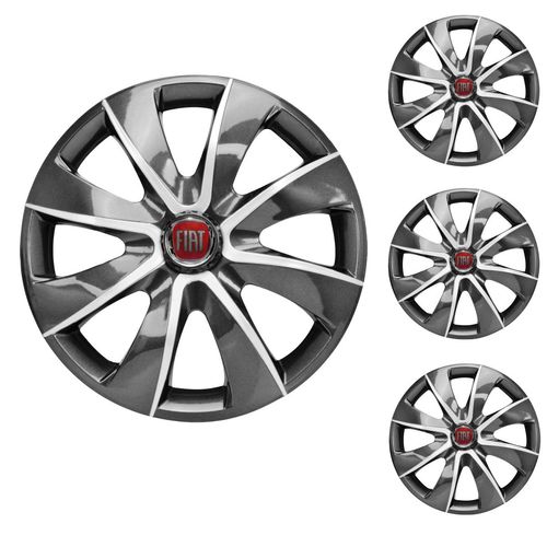 Jogo Calota Aro 13 Prime Graphite Silver Universal + Emblema Resinado Fiat