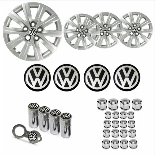 Jogo Calota Aro 14 Fox Polo 2012 2013 Volkswagen + Emblema Resinado + Tampa Ventil + Capa Parafuso